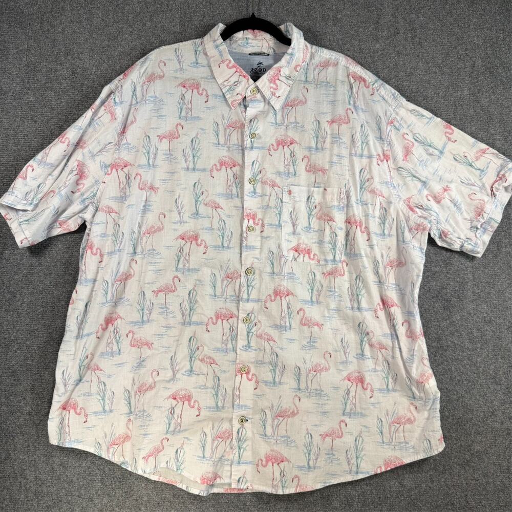 IZOD Saltwater Mens 3XLT Flamingo Print Button Up Shirt White Pink Short Sleeve